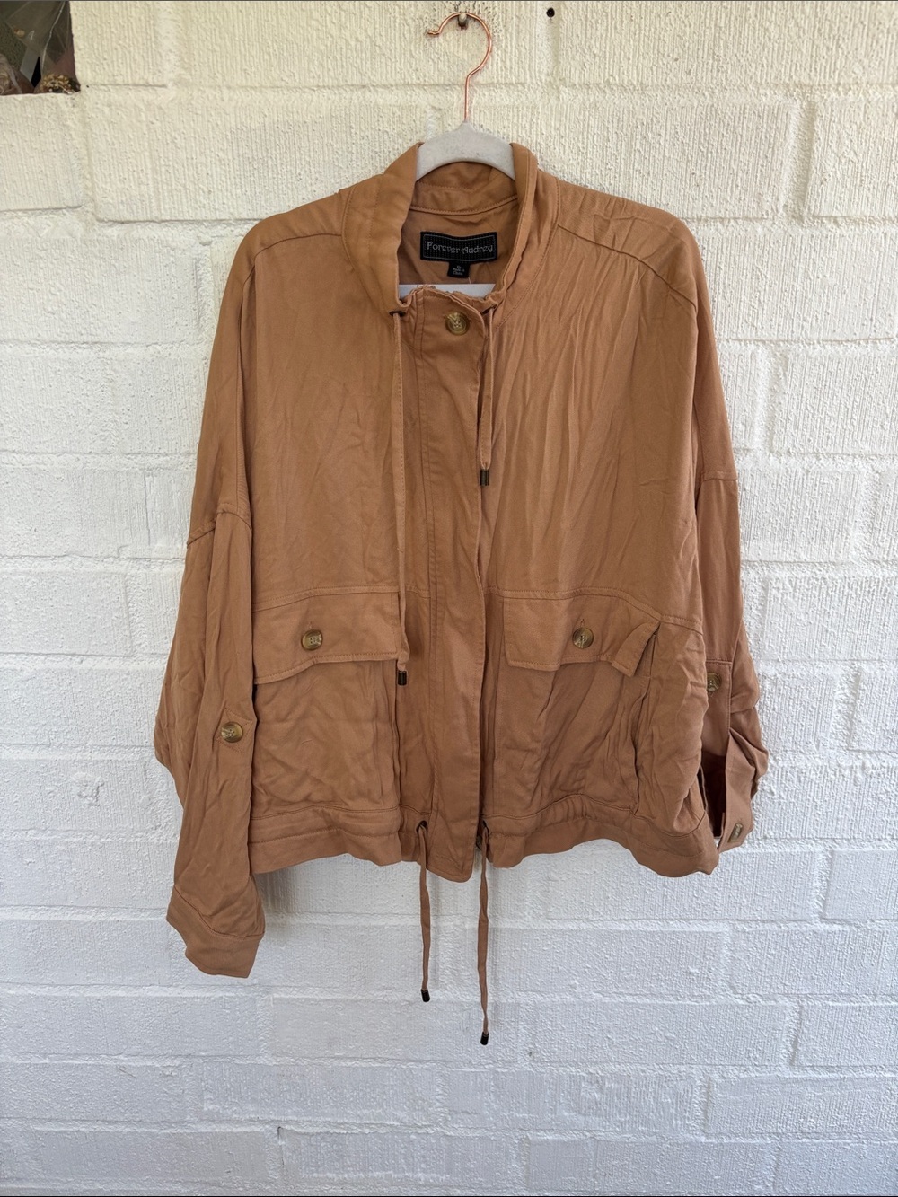 Forever Audrey Zip Up Camel Utility Drawstring Slouchy Jacket sz XL